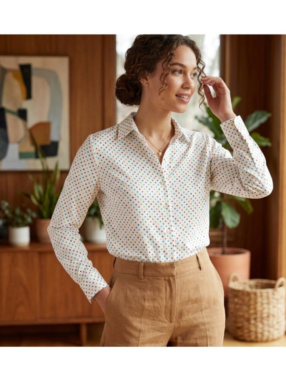 Vintage Polka Dot Button-Up Long-Sleeve Shirt In Multicolor On White